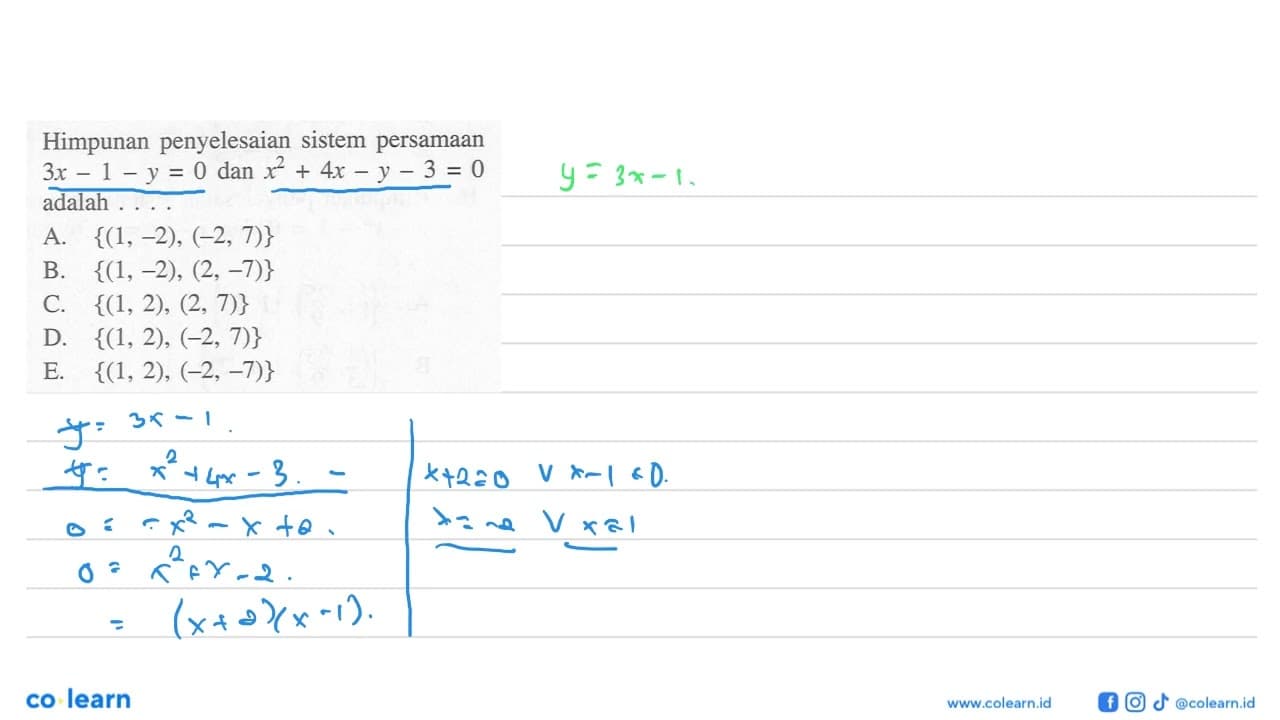 Himpunan penyelesaian sistem persamaan 3x-1-y=0 dan