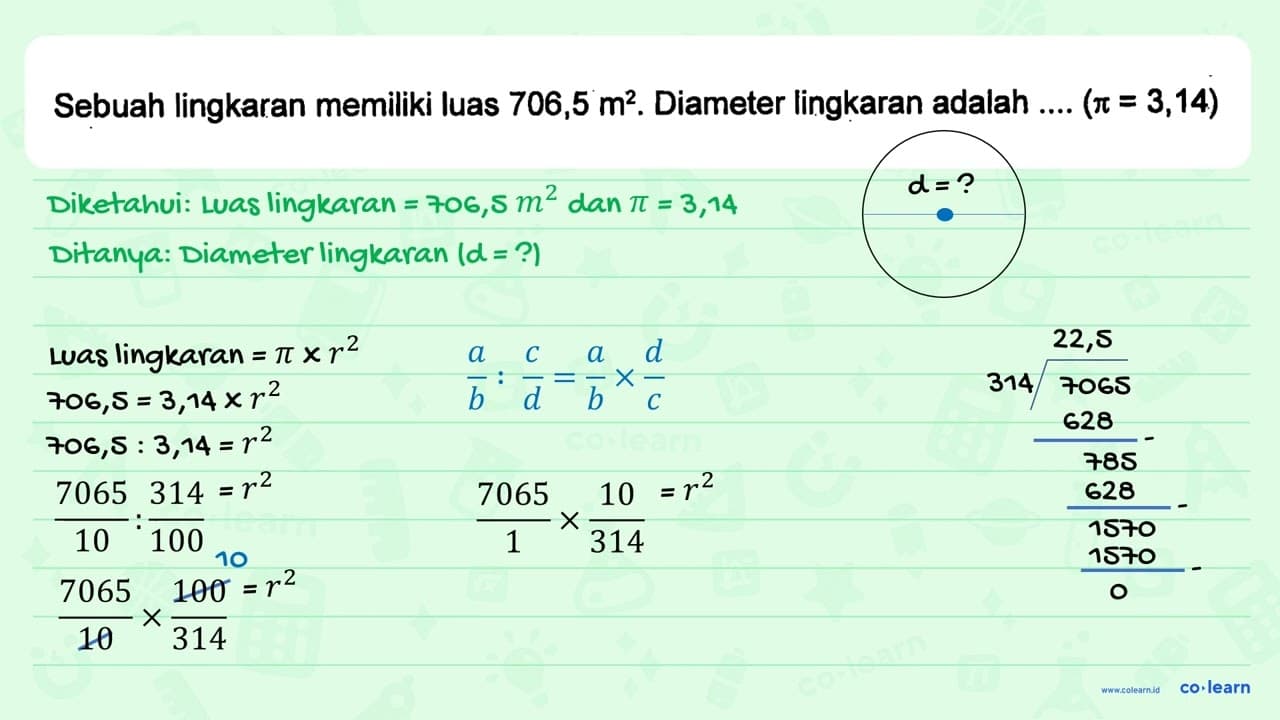Sebuah lingkaran memiliki luas 706,5 m^2. Diameter