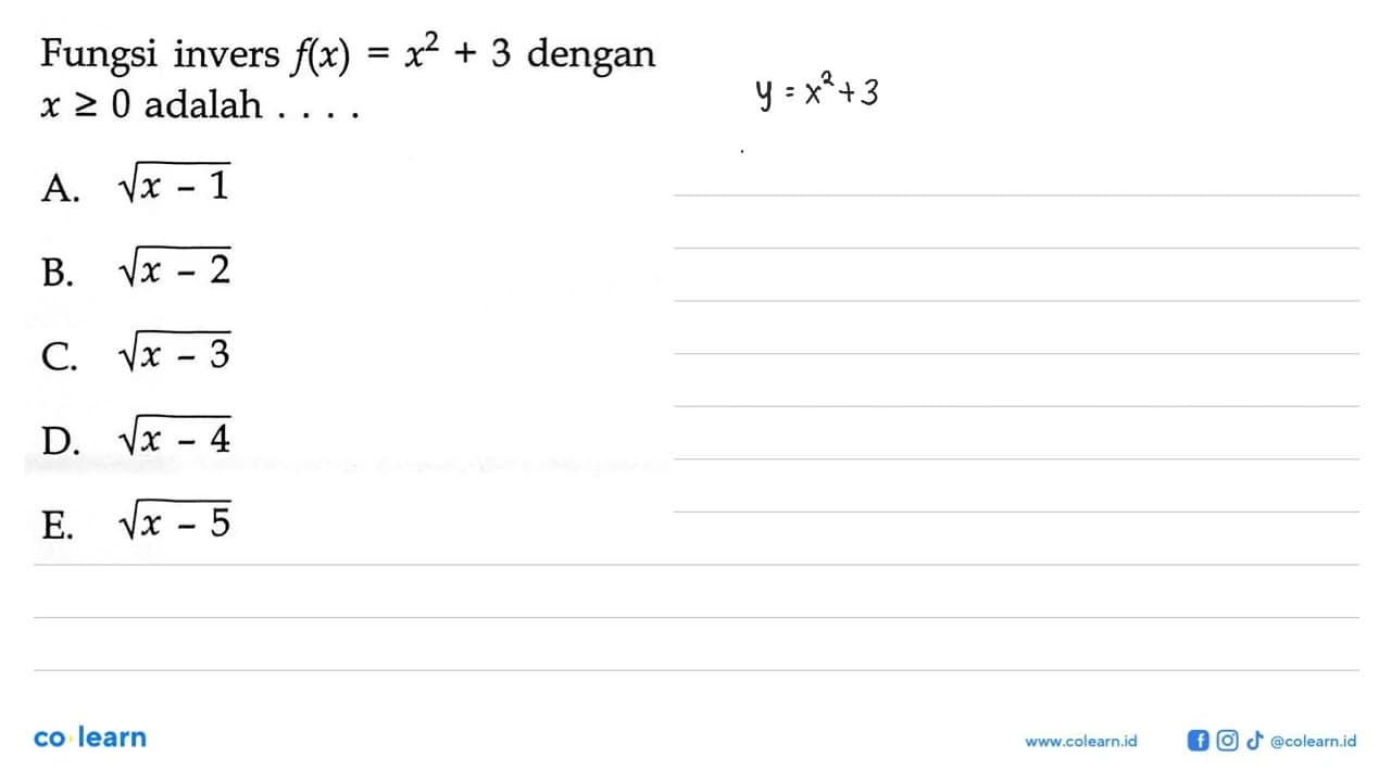 Fungsi invers f(x)=x^2+3 dengan x>=0 adalah ...