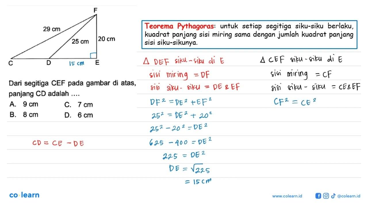 F E D C 20 cm 25 cm 29 cm Dari segitiga CEF pada gambar di