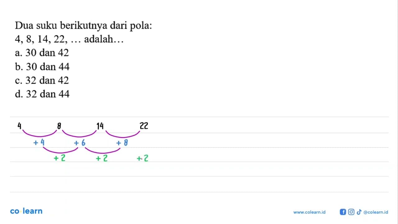 Dua suku berikutnya dari pola: 4,8,14,22, ... adalah... a.