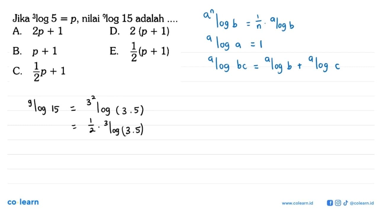 Jika 3log5=p, nilai 9log15 adalah ...