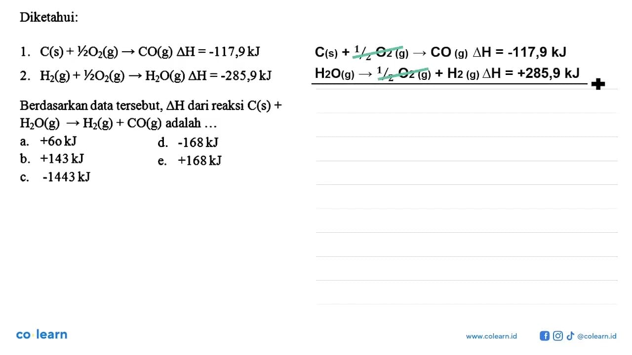 Diketahui: 1. C(s) + 1/2O2(g) -> CO(g) Delta H = -117,9 kJ