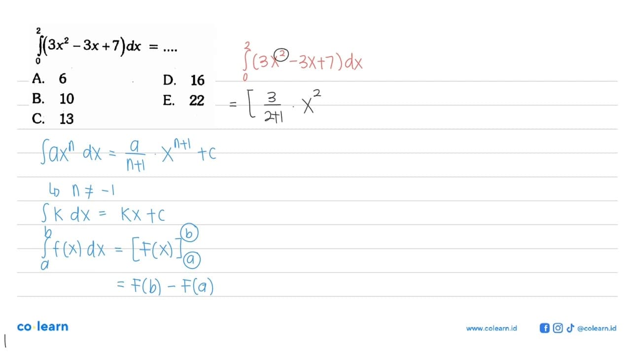 integral 0 2 (3x^2-3x+7) dx=...