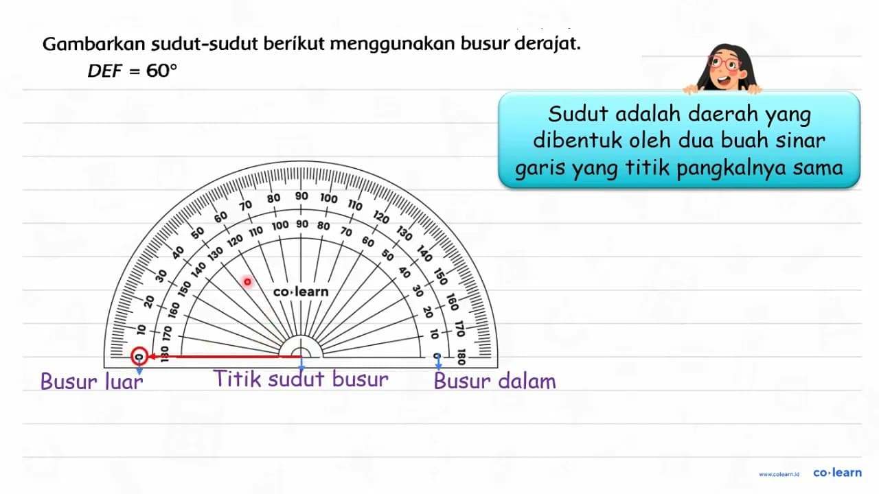 Gambarkan sudut-sudut berikut menggunakan busur derajat. D