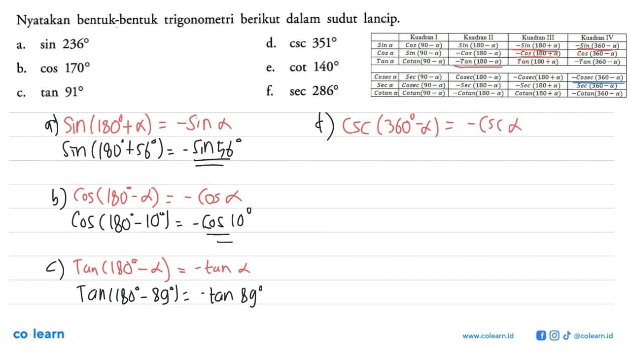 Nyatakan bentuk-bentuk trigonometri berikut dalam sudut