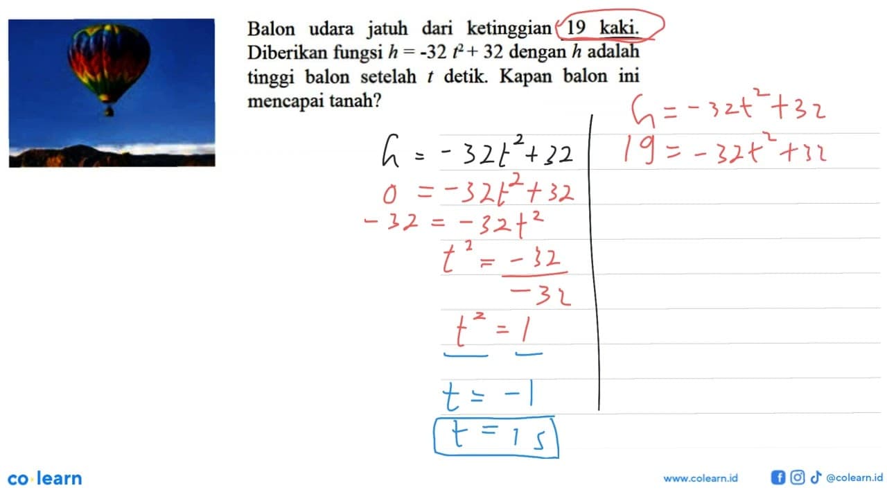 Balon udara jatuh dari ketinggian 19 kaki. Diberikan fungsi