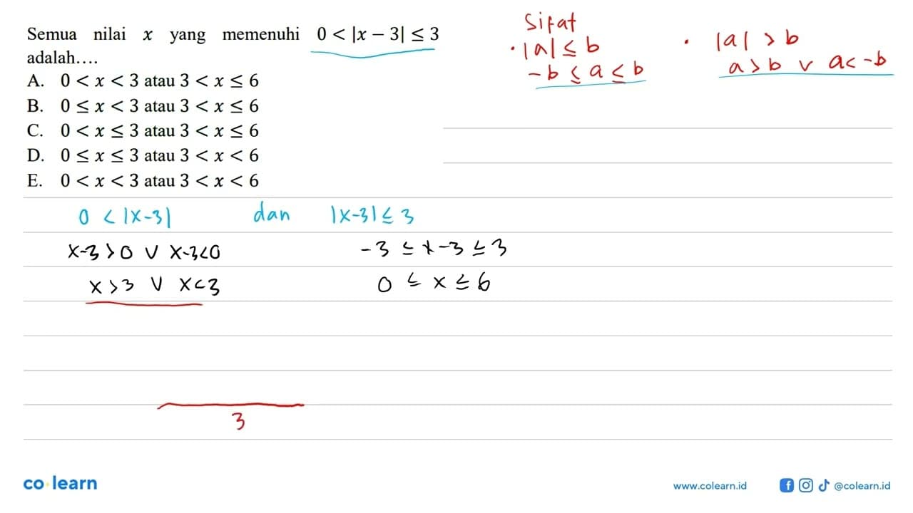 Semua nilai x yang memenuhi 0<|x-3|<=3 adalah....