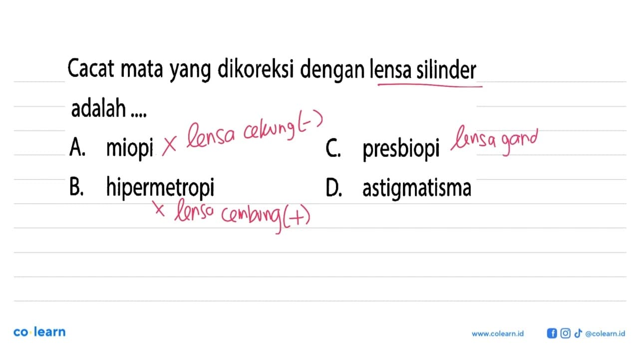 Cacat mata yang dikoreksi dengan lensa silinder adalah