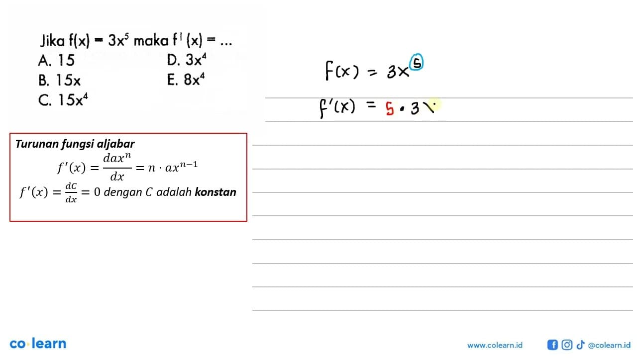 Jika f(x)=3x^5 maka f'(x)=...