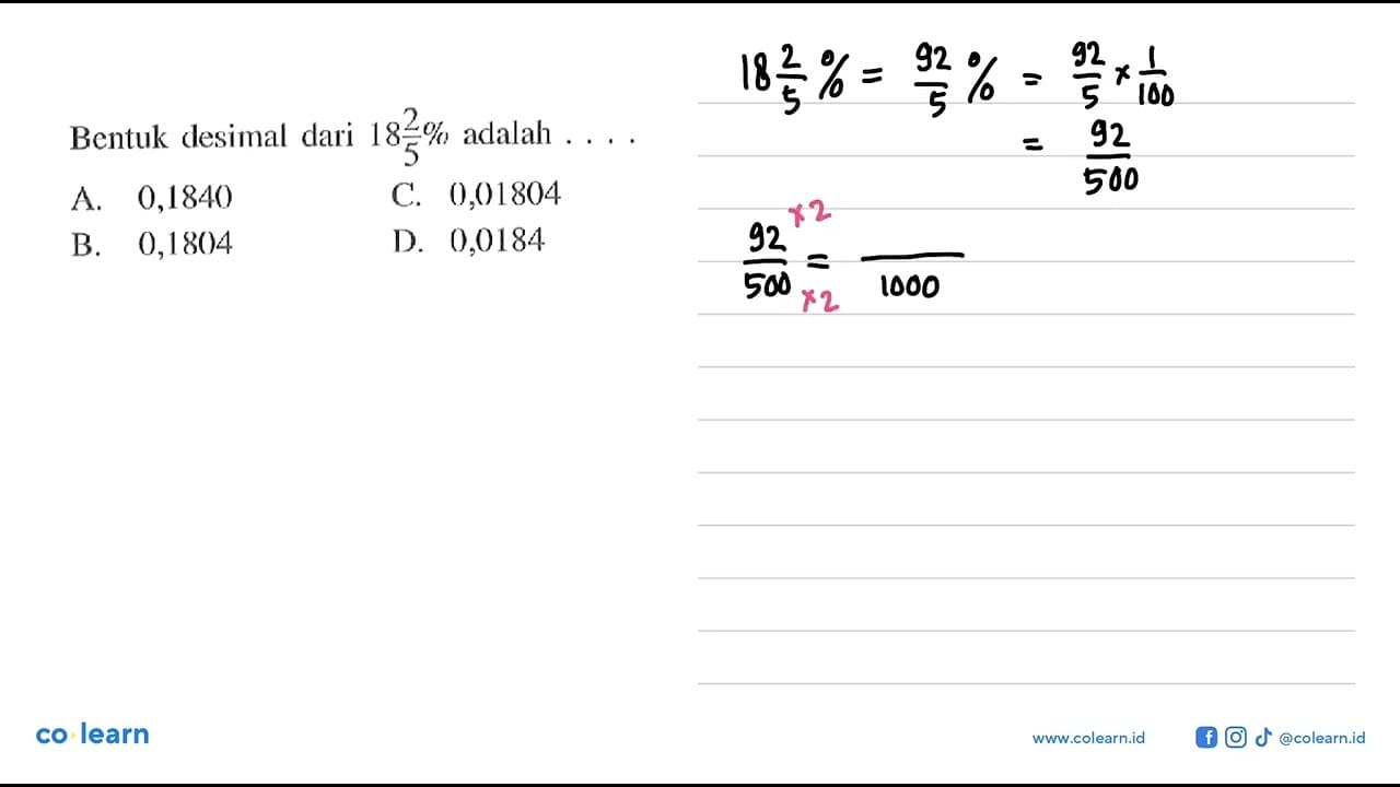 Bentuk desimal dari 18 2/5% adalah ....