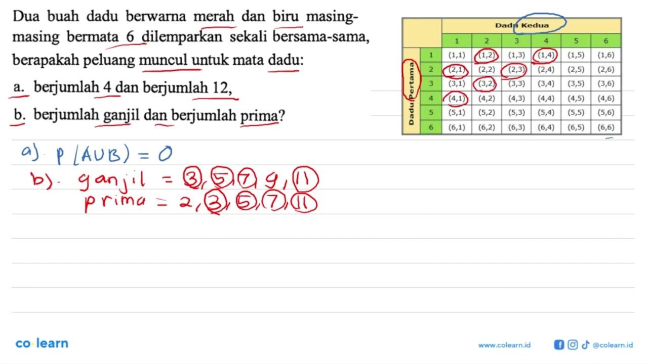 Dua buah dadu berwarna merah dan biru masingmasing bermata