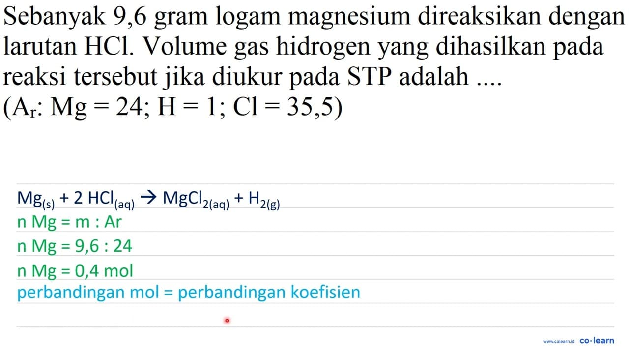 Sebanyak 9,6 gram logam magnesium direaksikan dengan