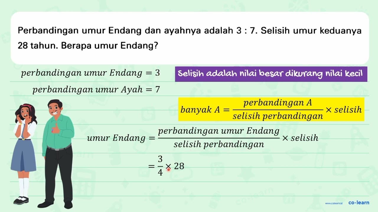 Perbandingan umur Endang dan ayahnya adalah 3: 7 . Selisih