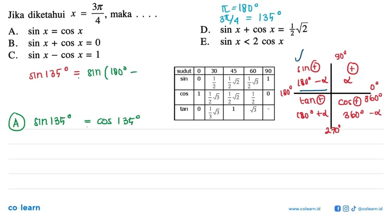 Jika diketahui x=3 pi/4, maka ...