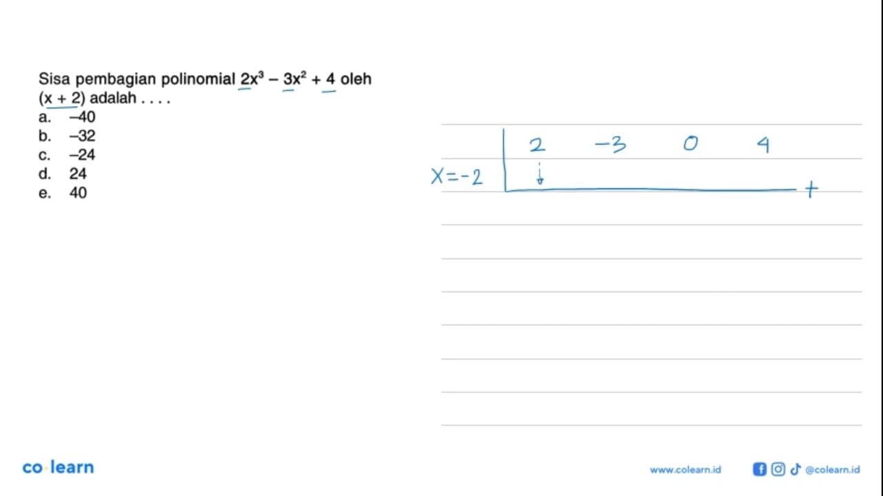 Sisa pembagian polinomial 2x^3-3x^2+4 oleh (x+2) adalah