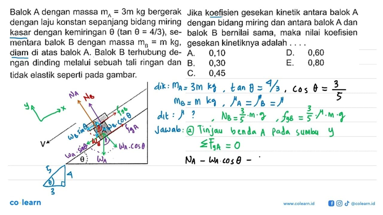 Balok A dengan massa mA = 3 m kg bergerak dengan laju