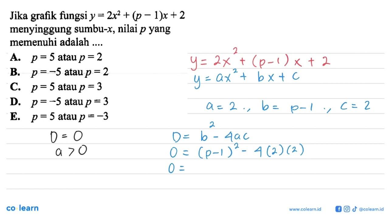 Jika grafik fungsi y=2x^2+(p-1)x+2 menyinggung sumbu-x,