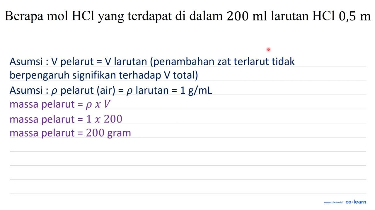 Berapa mol HCl yang terdapat di dalam 200 ml larutan HCl