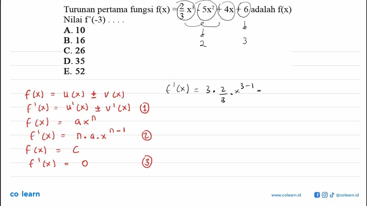 Turunan pertama fungsi f(x)=2/3x^3-5x^2+4 x+6 adalah f(x)