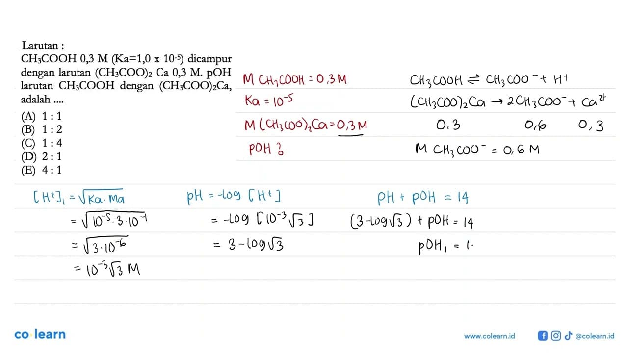 Larutan : CH3COOH 0,3 M (Ka=1,0 x 10^(-5)) dicampur dengan