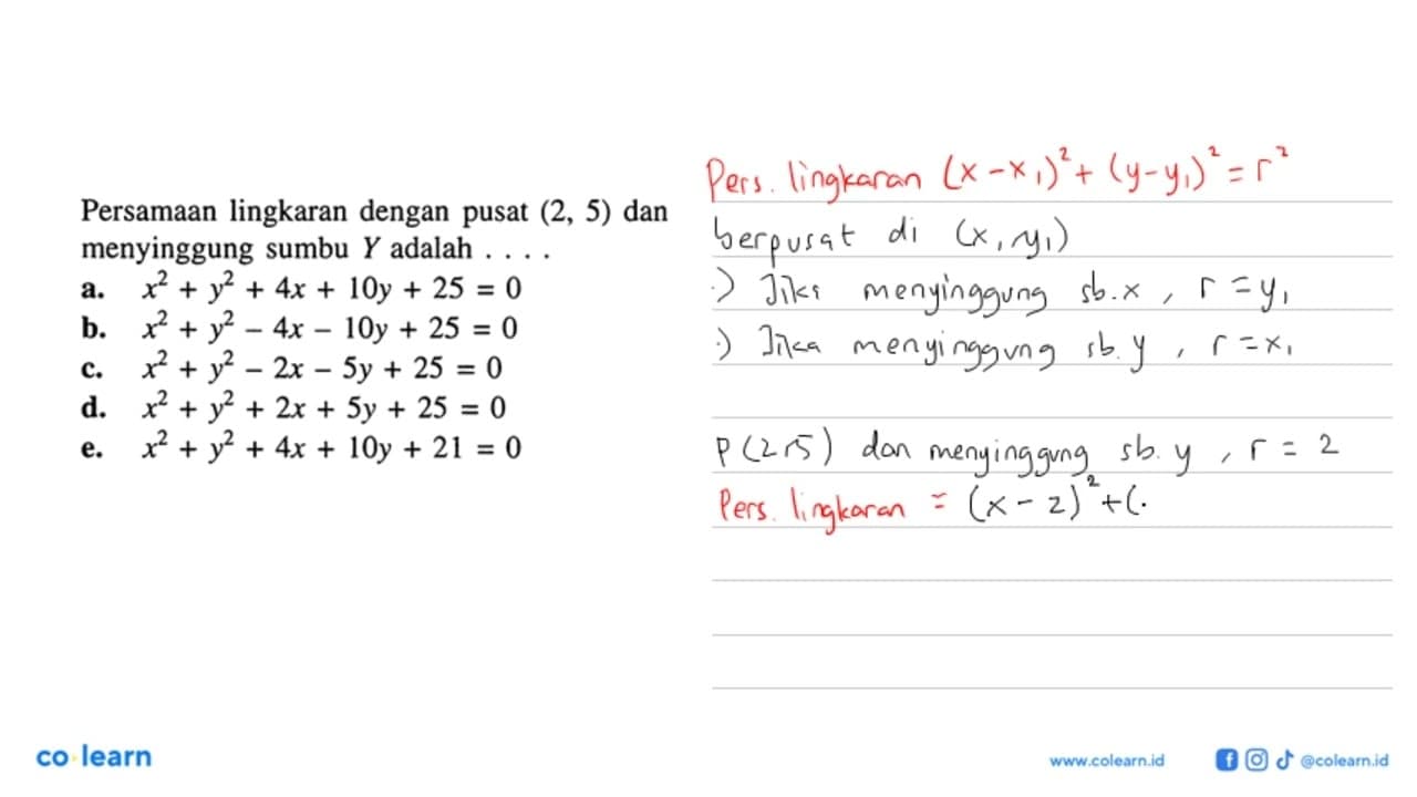 Persamaan lingkaran dengan pusat (2,5) dan menyinggung