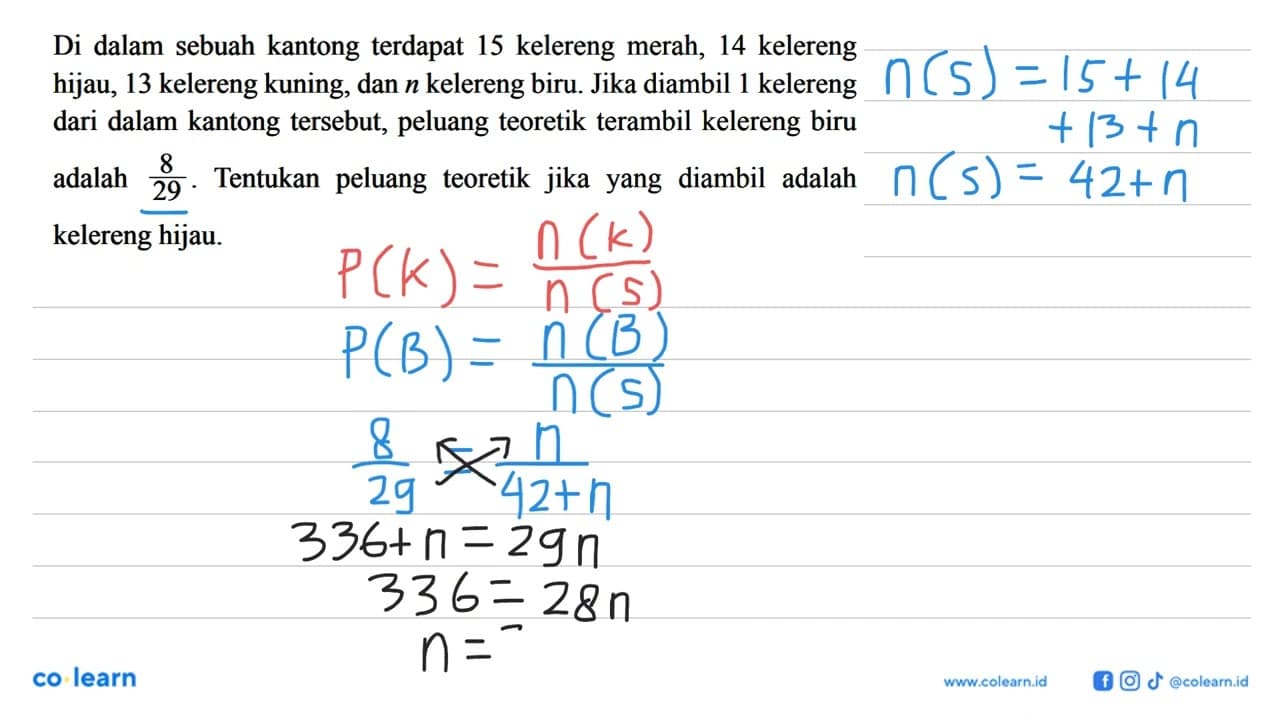 Di dalam sebuah kantong terdapat 15 kelereng merah, 14