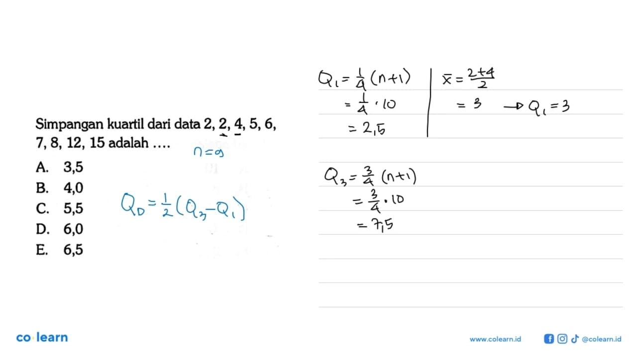 Simpangan kuartil dari data 2,2,4,5,6,7,8,12,15 adalah ....