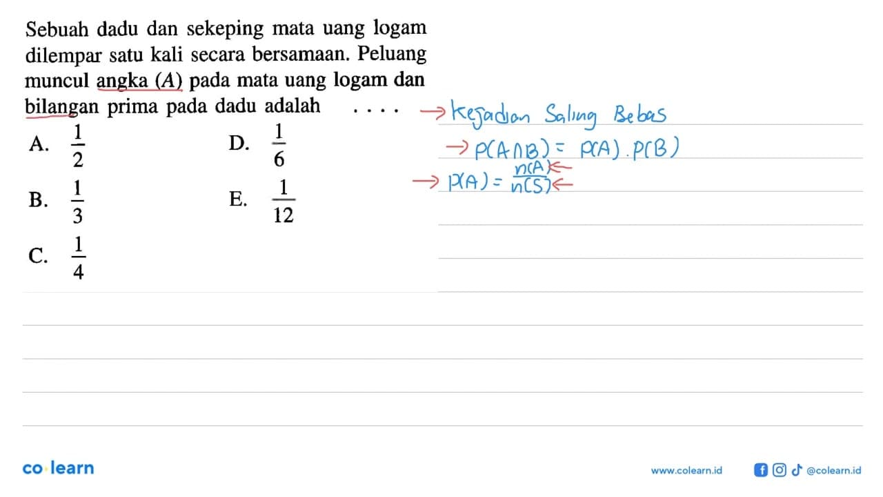 Sebuah dadu dan sekeping mata uang logam dilempar satu kali