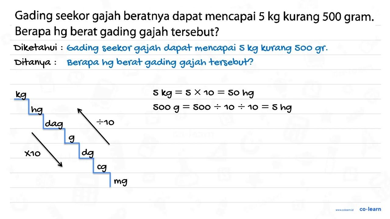 Gading seekor gajah beratnya dapat mencapai 5 kg kurang 500