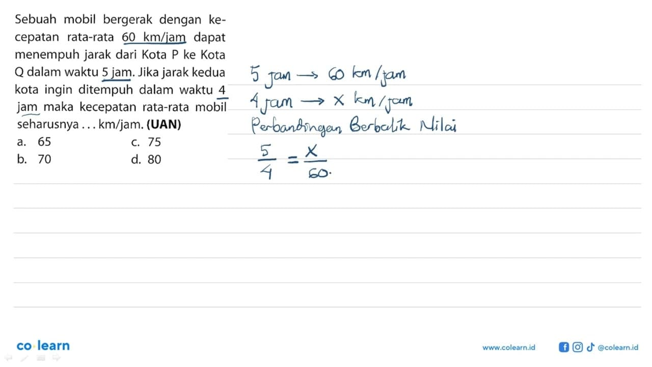 Sebuah mobil bergerak dengan kecepatan rata-rata 60 km/jam