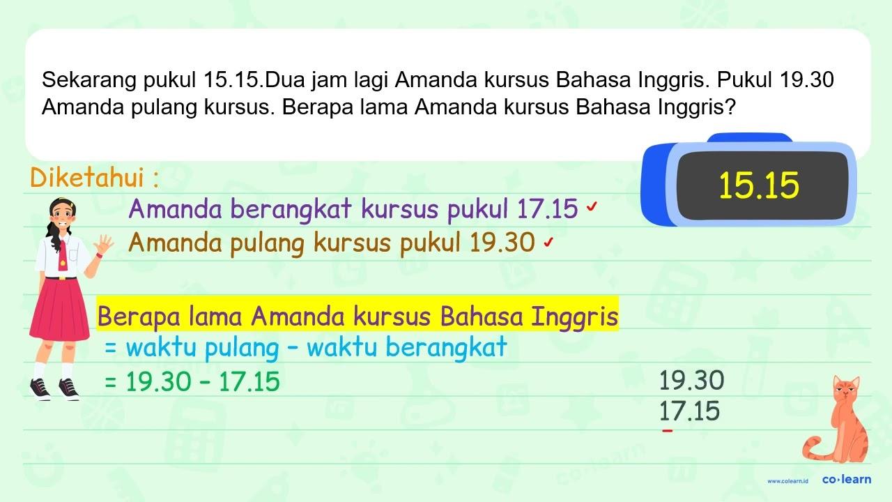 Sekarang pukul 15.15. Dua jam lagi Amanda kursus Bahasa