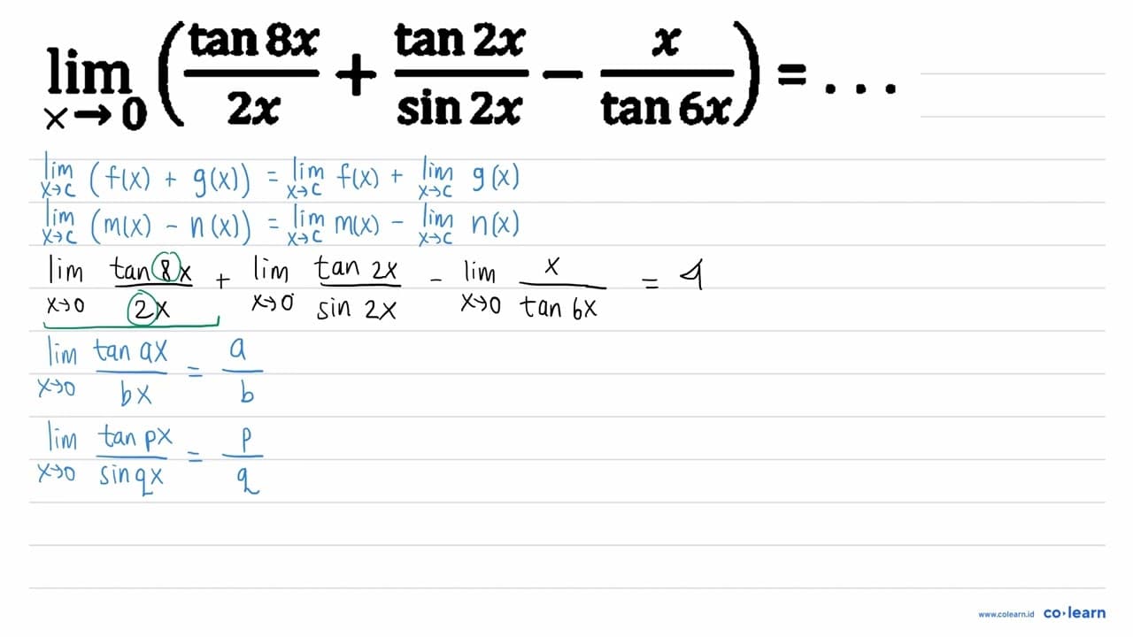 lim _(n -> 0)((tan 8 x)/(2 x)+(tan 2 x)/(sin 2 x)-(x)/(tan