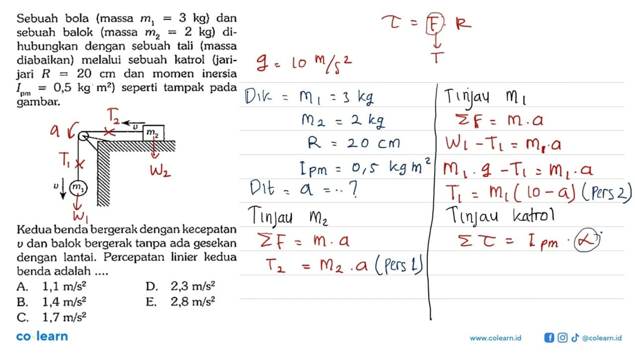 Sebuah bola (massa m1 = 3 kg) dan sebuah balok (massa m2 =