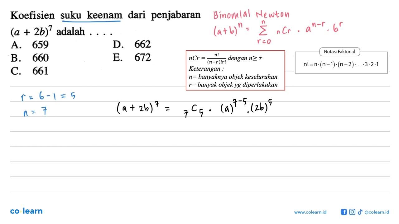 Koefisien suku keenam dari penjabaran (a+2b)^7 adalah ...