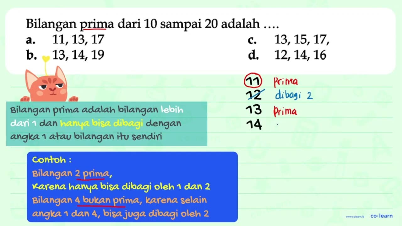 Bilangan prima dari 10 sampai 20 adalah ....