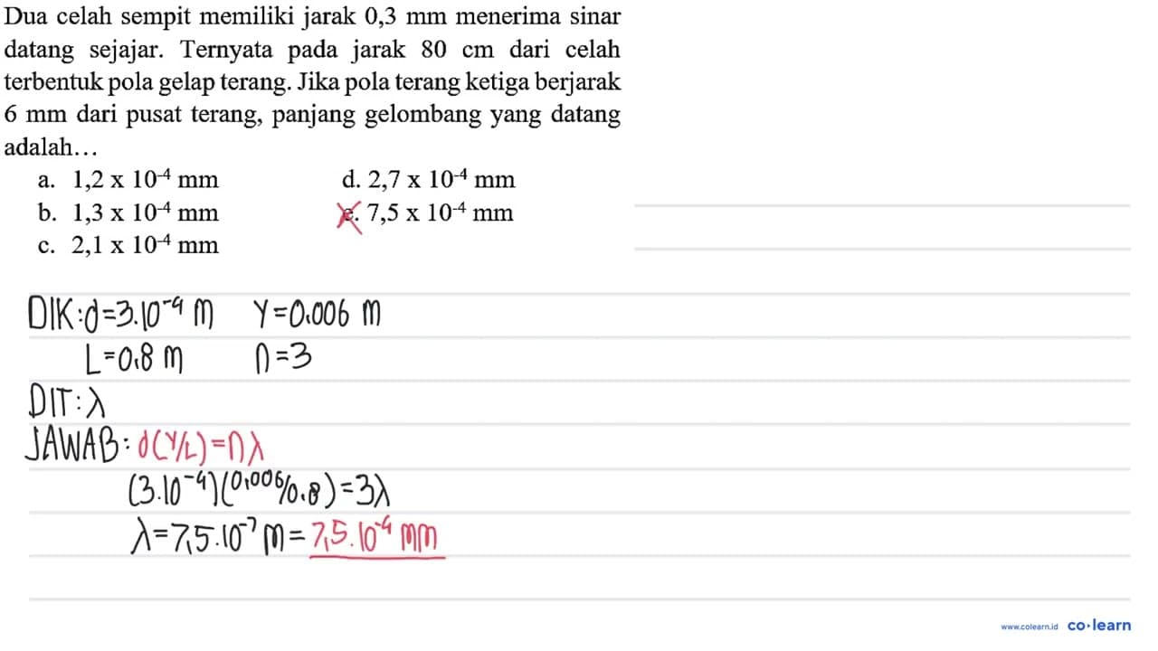 Dua celah sempit memiliki jarak 0,3 ~mm menerima sinar