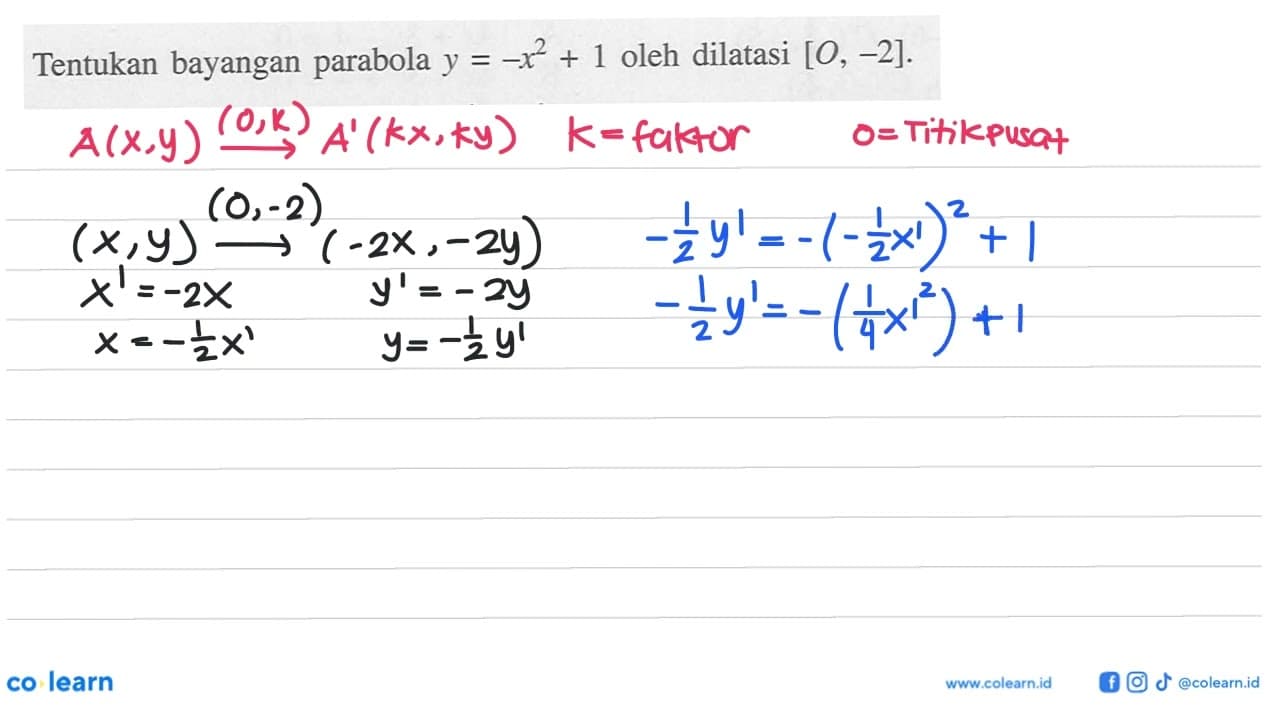 Tentukan bayangan parabola y=-x^2+1 oleh dilatasi [O, 2].