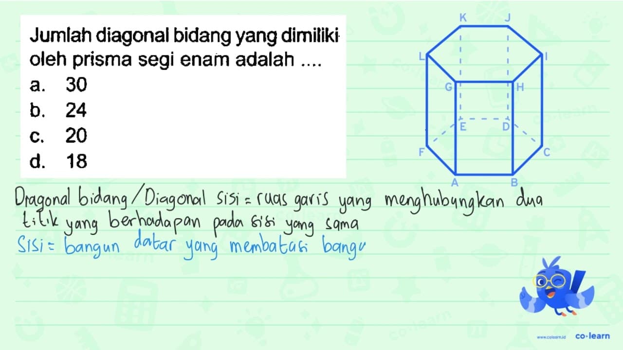 Jumlah diagonal bidang yang dimiliki oleh prisma segi enam