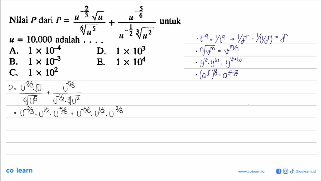 Nilai P dari P=(u^(-2/3) akar(u))/(u^(5/6)) +