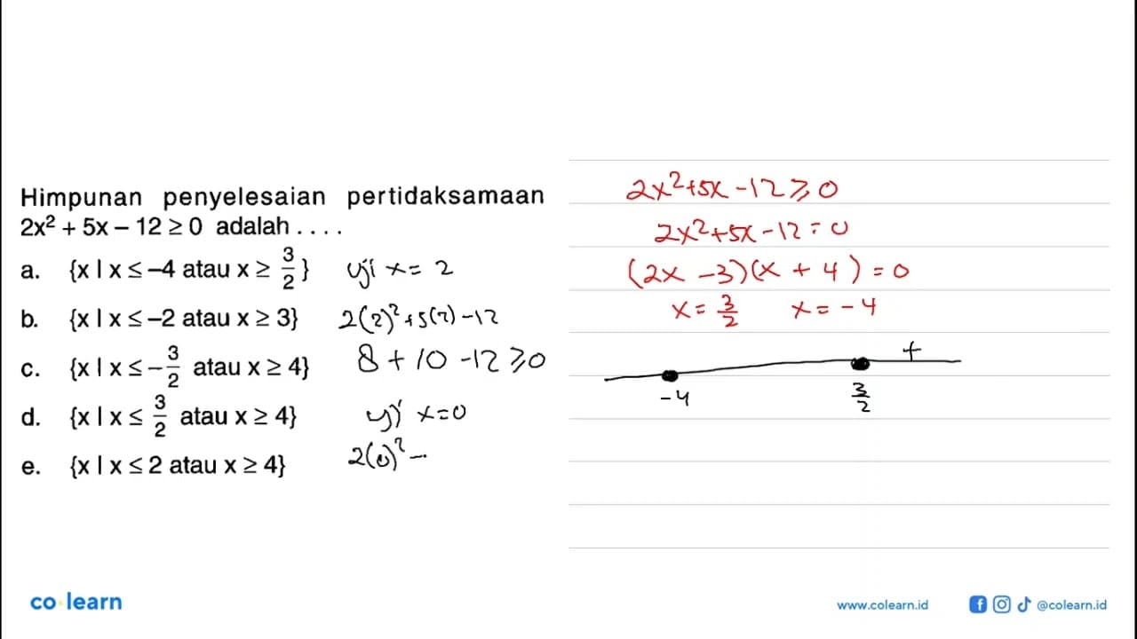 Himpunan penyelesaian pertidaksamaan 2x^2+5x-12>=0 adalah