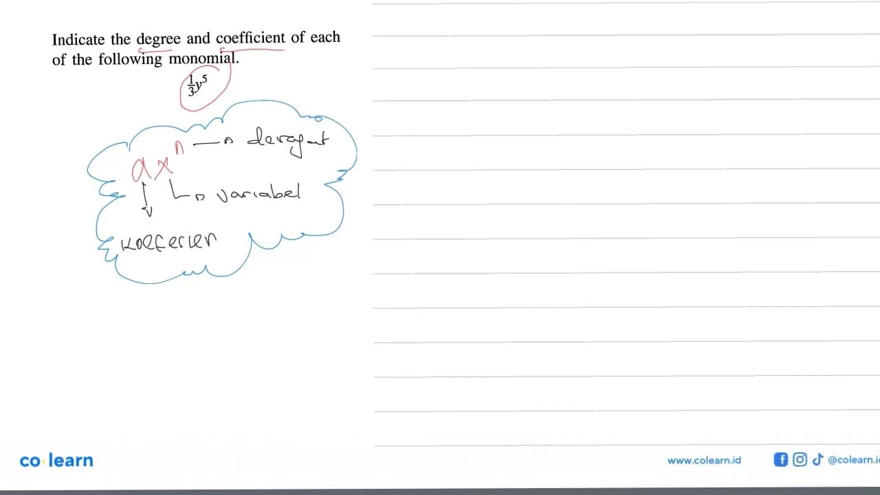 Indicate the degree and coefficient of each of the