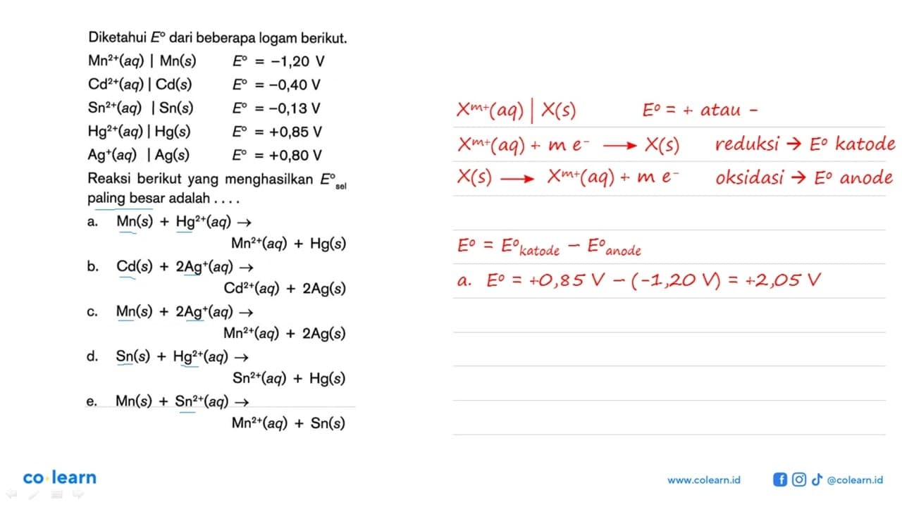 Diketahui E dari beberapa logam berikut. Mn^2+(aq) | Mn(s)