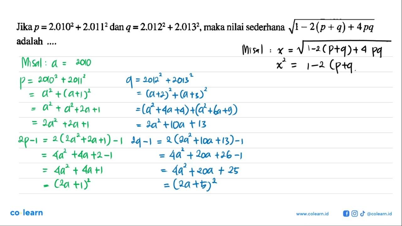 Jika p=2.010^2+2.011^2 dan q=2.012^2+2.013^2, maka nilai