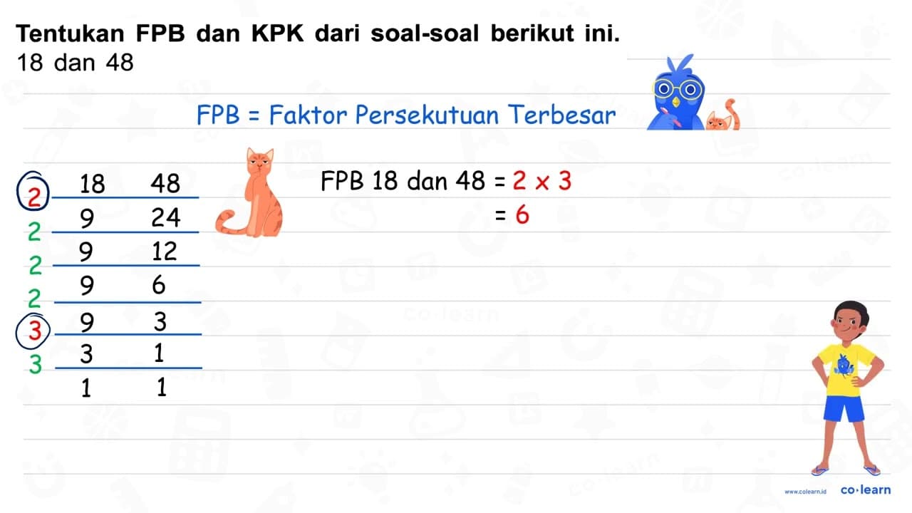 Tentukan FPB dan KPK dari soal-soal berikut ini. 18 dan 48