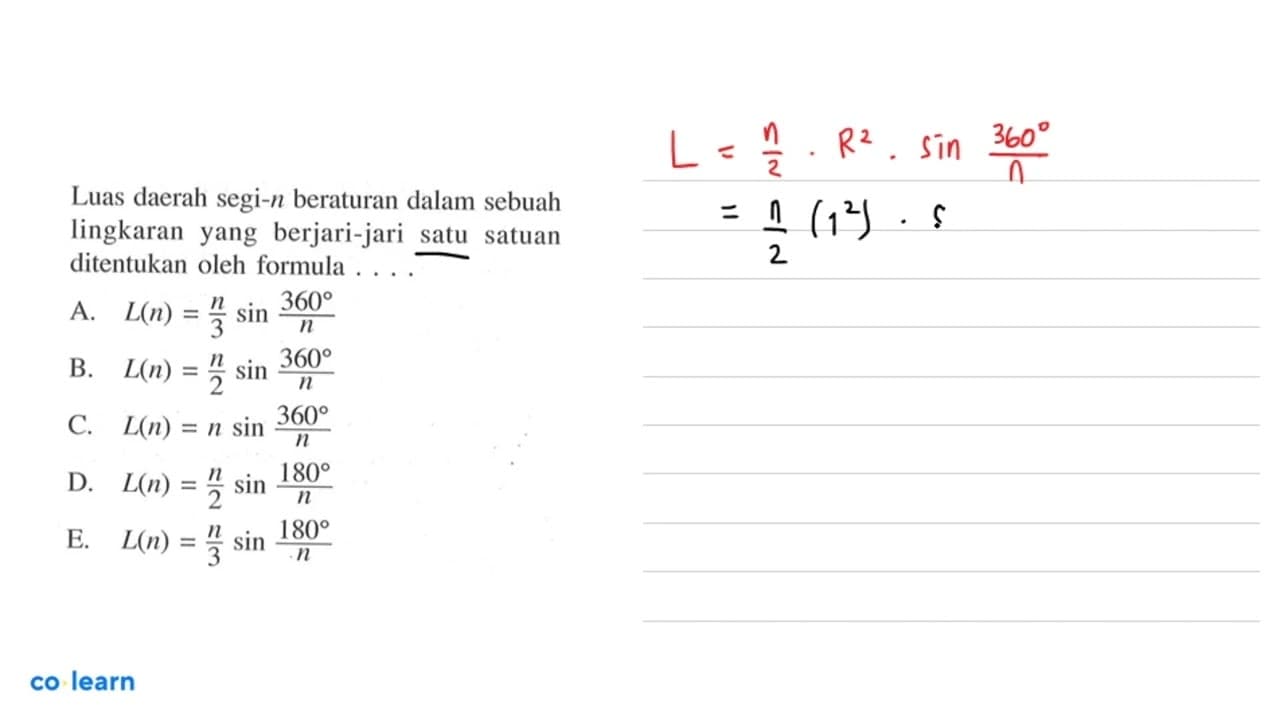 Luas daerah segi-n beraturan dalam sebuah lingkaran yang