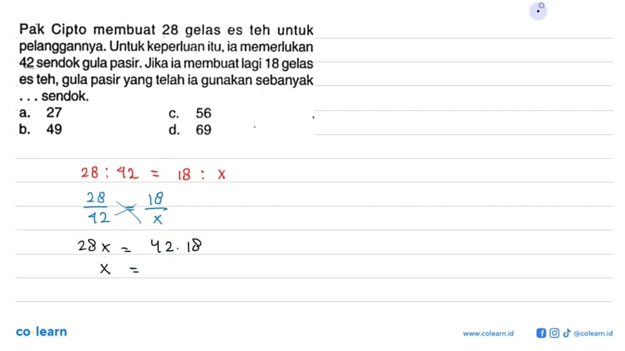 Pak Cipto membuat 28 gelas es teh untuk pelanggannya. Untuk