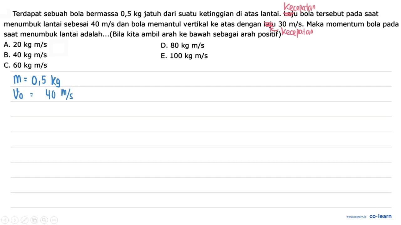 Terdapat sebuah bola bermassa 0,5 kg jatuh dari suatu