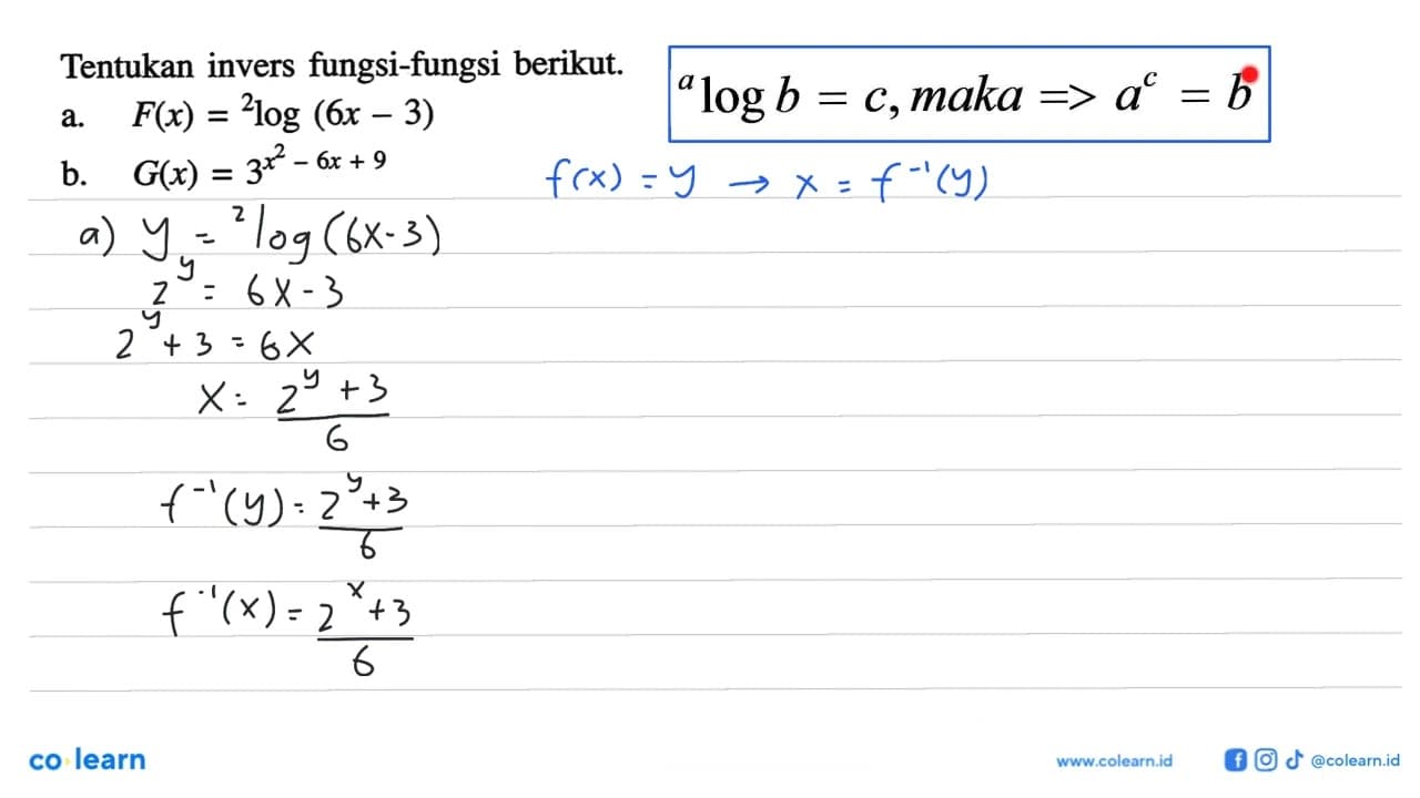 Tentukan invers fungsi-fungsi berikut.a. F(x)= ^2 log (6