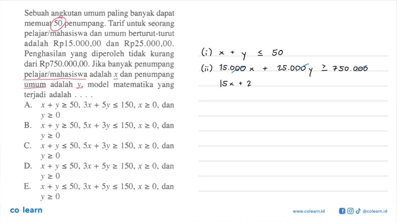 Sebuah angkutan umum paling banyak dapat memuat 50